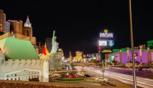 Aerial view of Las Vegas Strip illuminated with dazzling lights at night